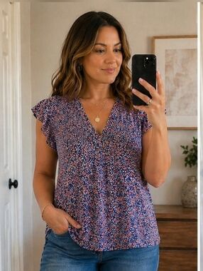 100% Rayon Floral Blouse Lightweight Summer Top Size L Anne Carson